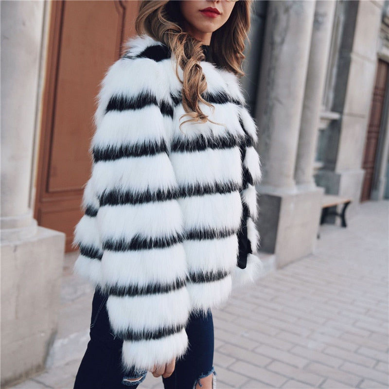 Winter Black and white striped faux fur coat