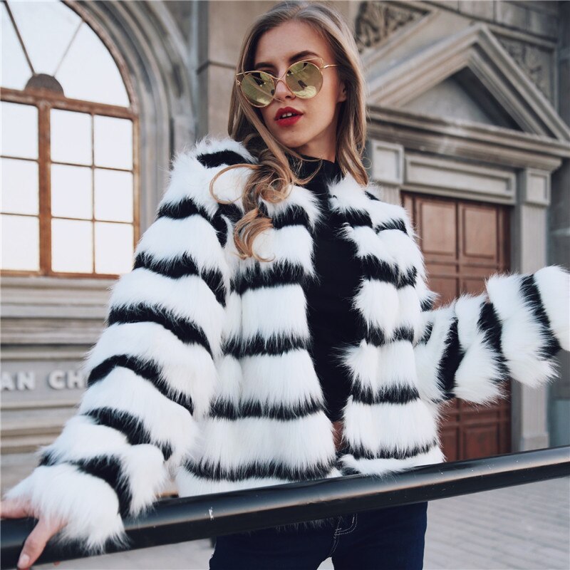 Winter Black and white striped faux fur coat