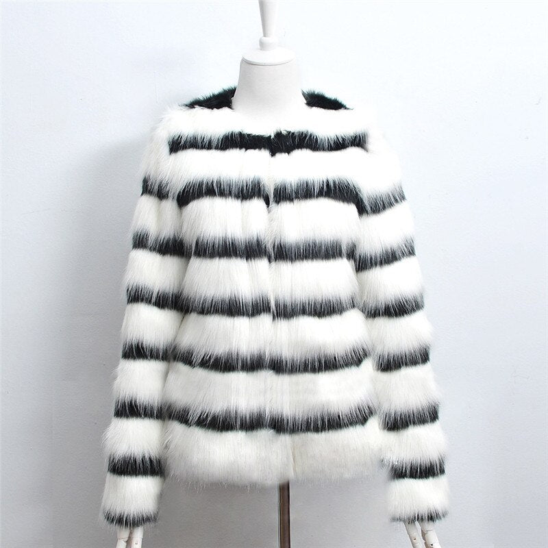 Winter Black and white striped faux fur coat