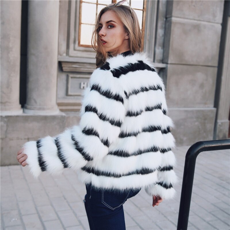 Winter Black and white striped faux fur coat