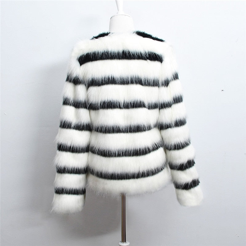 Winter Black and white striped faux fur coat