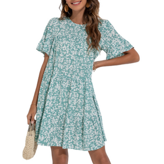 A Line Floral Dress with Ruffle Sleeves