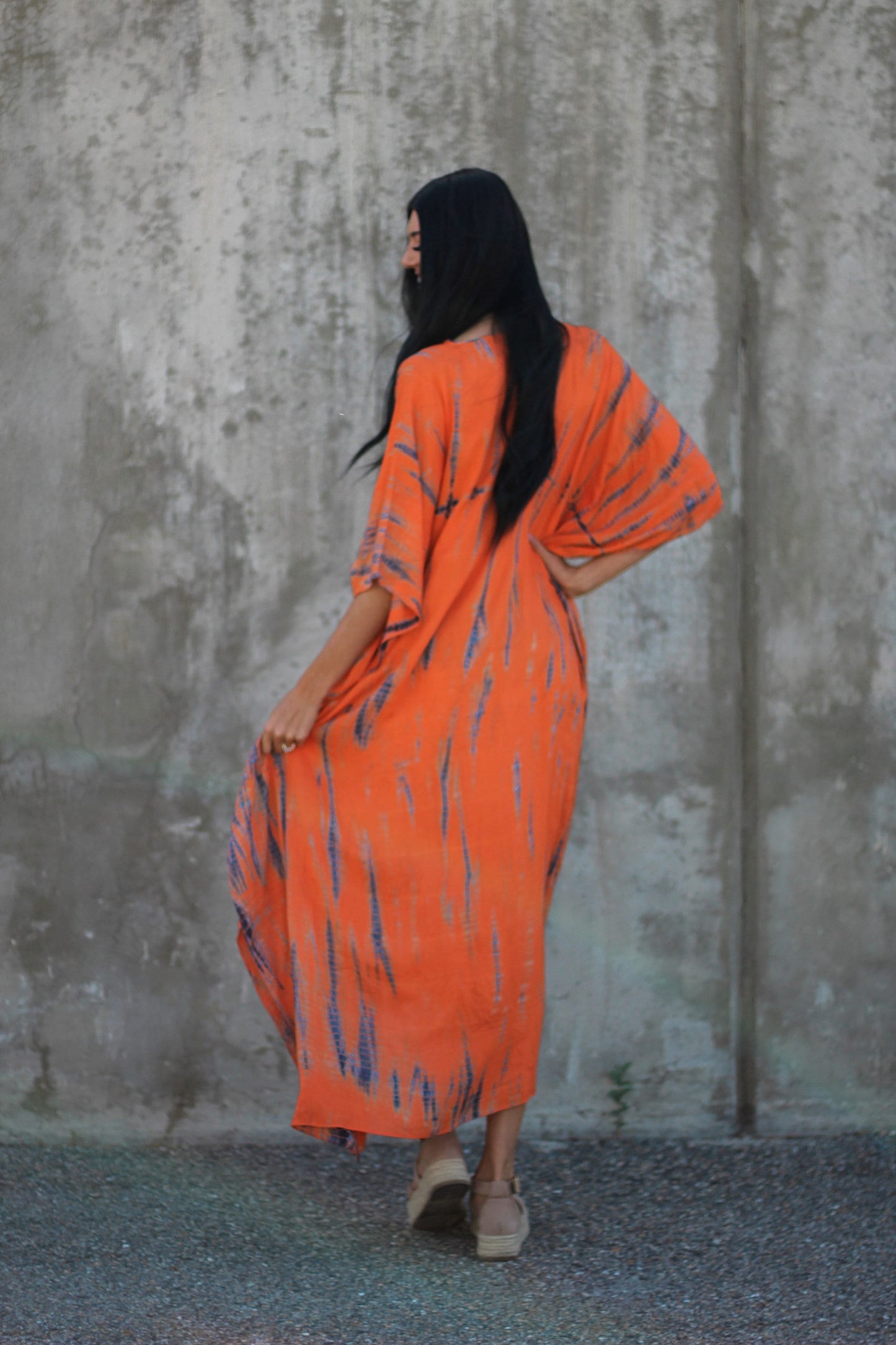 Hand-Dyed Tie-Dye Orange Maxi Kaftan Dress with Pockets