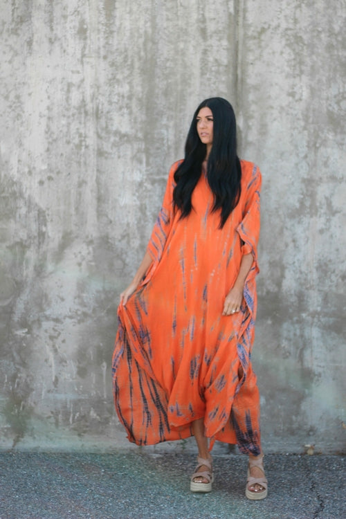 Hand-Dyed Tie-Dye Orange Maxi Kaftan Dress with Pockets