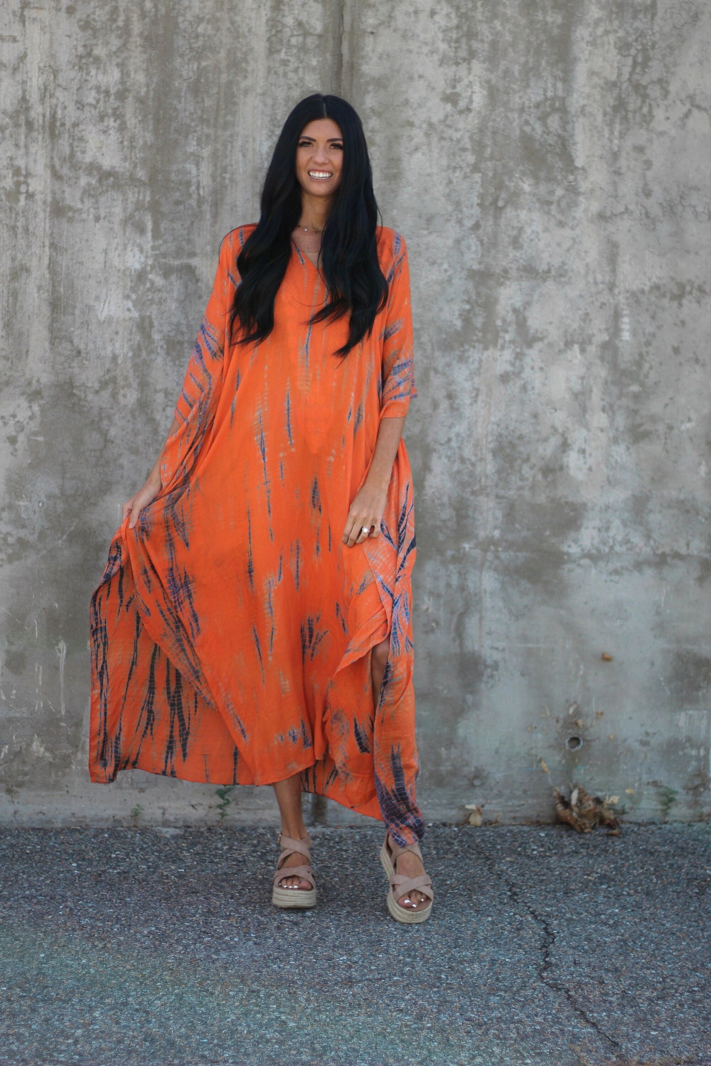 Hand-Dyed Tie-Dye Orange Maxi Kaftan Dress with Pockets