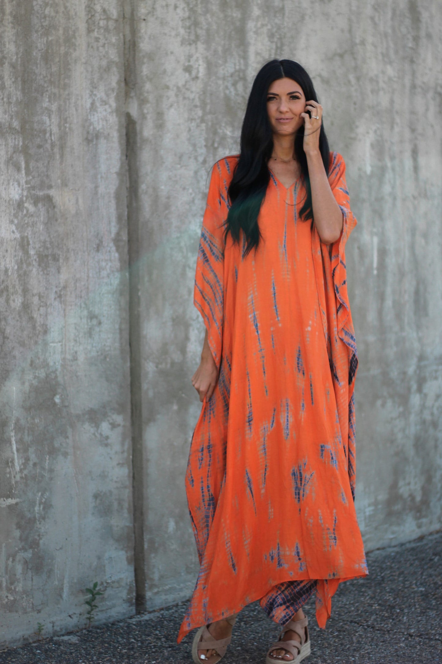 Hand-Dyed Tie-Dye Orange Maxi Kaftan Dress with Pockets